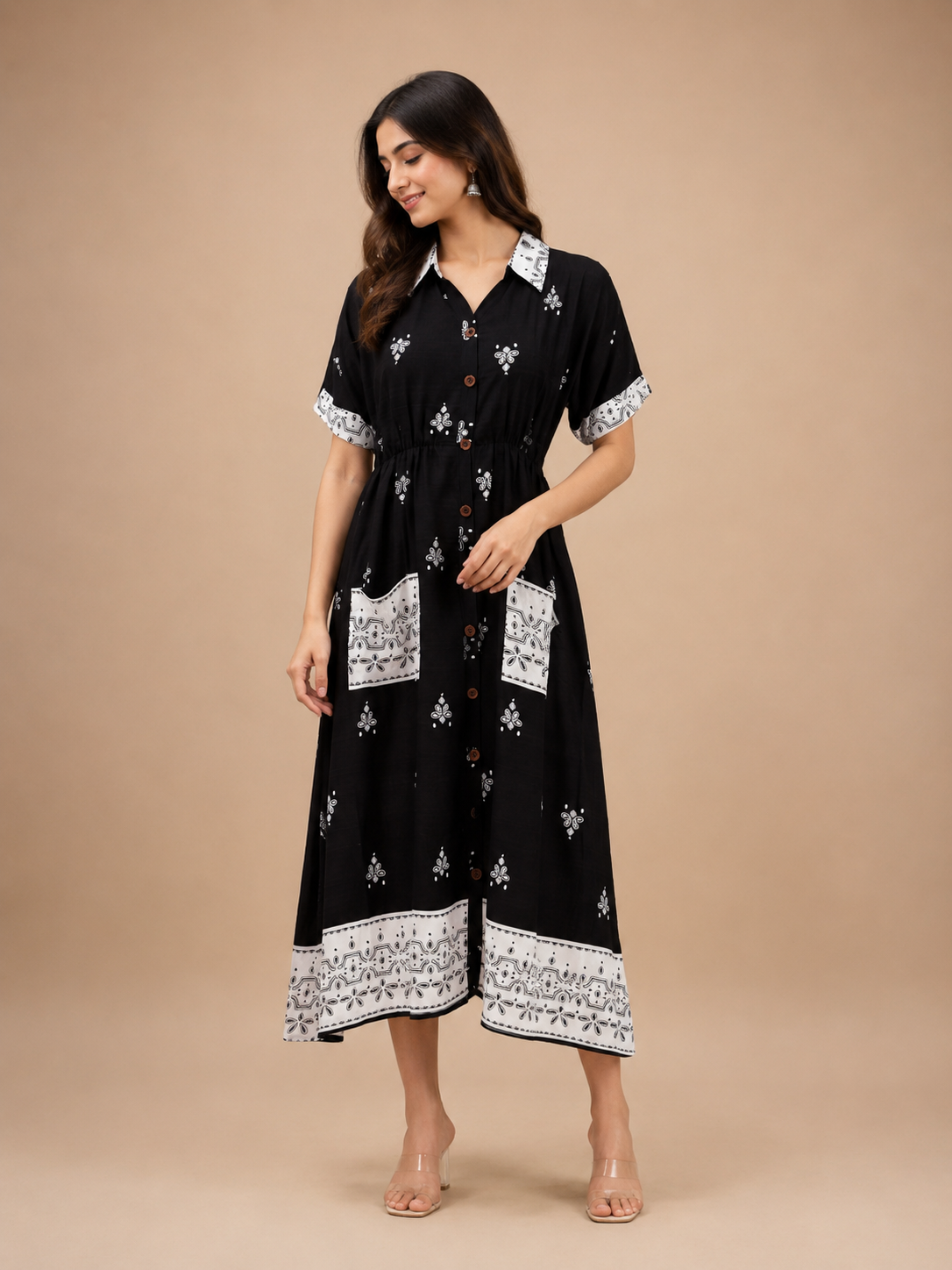 Black Imported Lycra Printed Shirt Midi Dress with Pockets